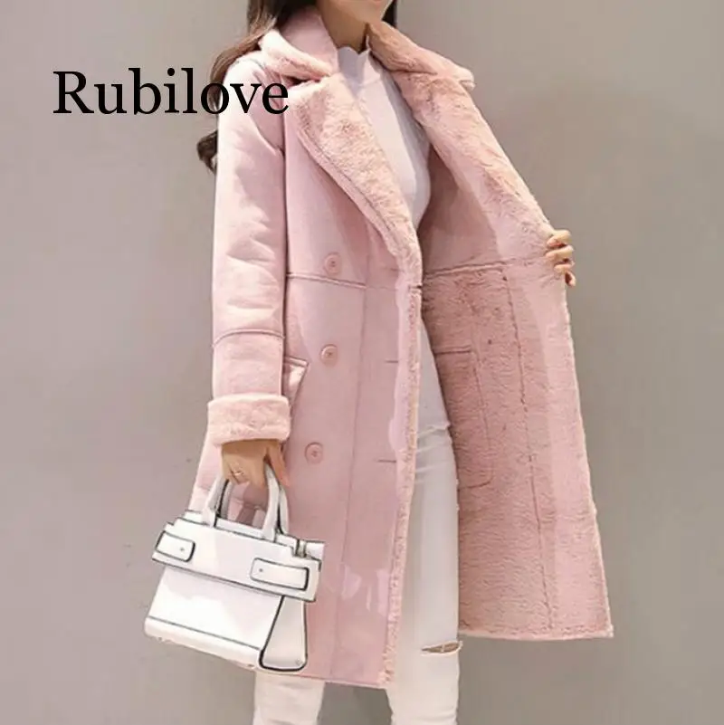 

Rubilove New Women Long Coat Autumn Winter Warm Velvet Thicken Faux Suede Coats Parka Female Solid Double Breasted Jacket Outwea