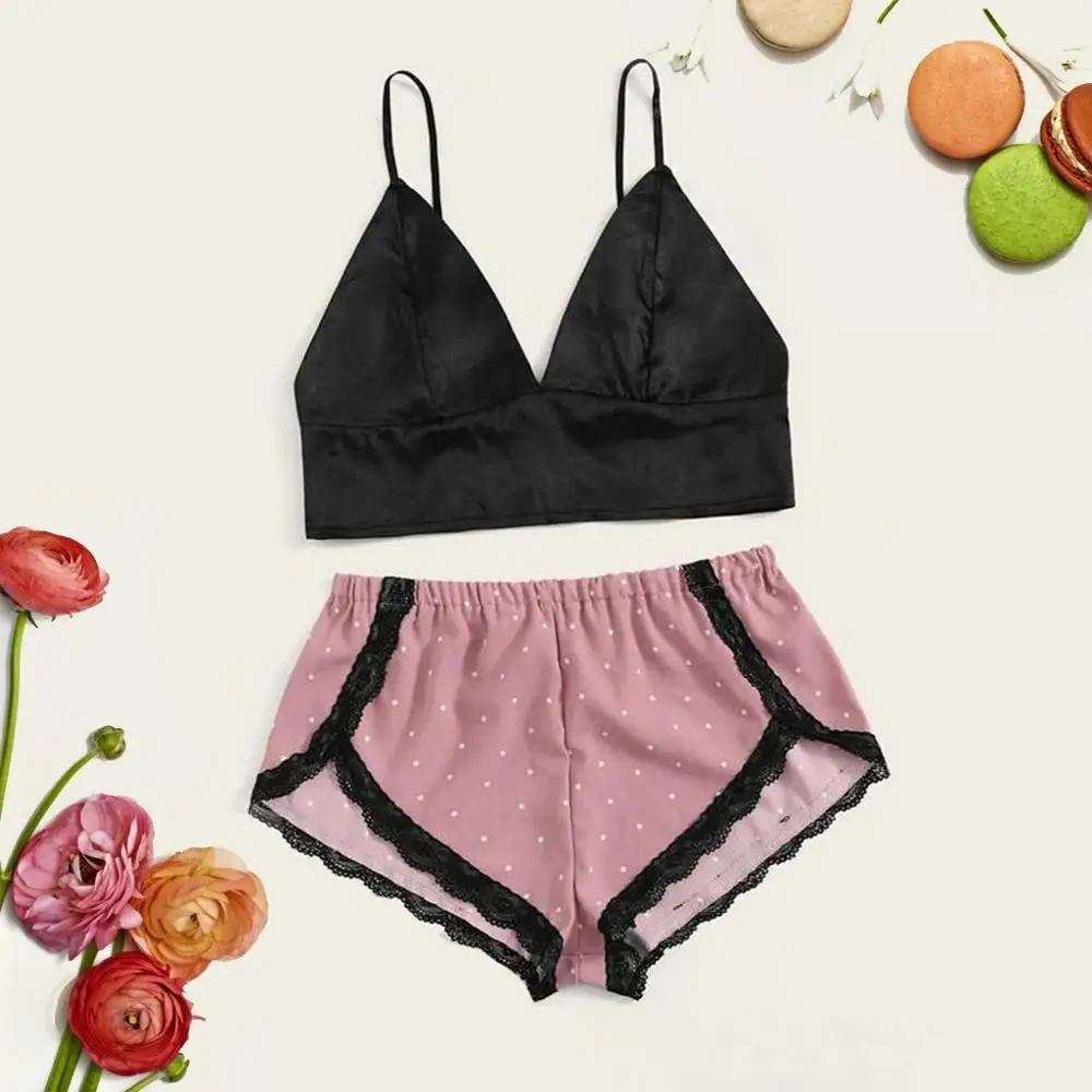 

Sexy Women Satin Sleepwear Set Lace Trim Camisole Shorts Set Sleepwear Dot Print Pajamas Koronkowa Pizama 2019 New Hot Sale E