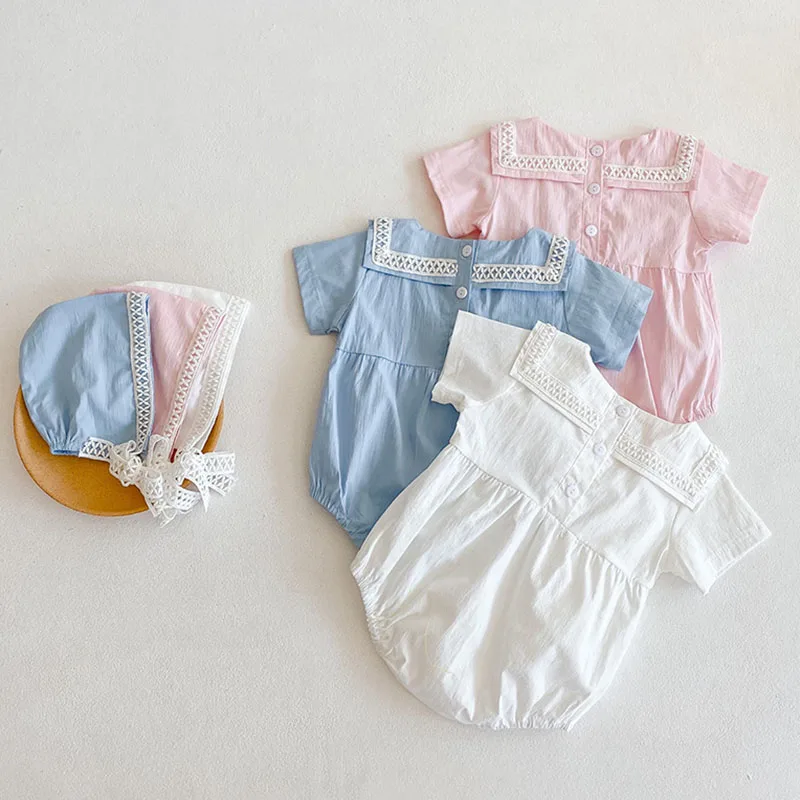 New 2021 Summer Kids Boy Girl Short Sleeve Lace Rompers + Hat Infant