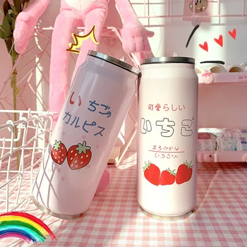 

Japan Cute Can Shaped Strawberry Insulated Mug Creative Stainless Steel Straw Cups 500ml Large Capacity Portable Outdoor Thermos