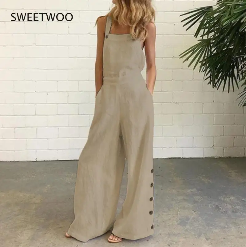 2021 Summer New Style Jumpsuit Women's Solid Color Sleeveless Side Pocket Casual Wide-Leg Side Buckle Jumpsuit