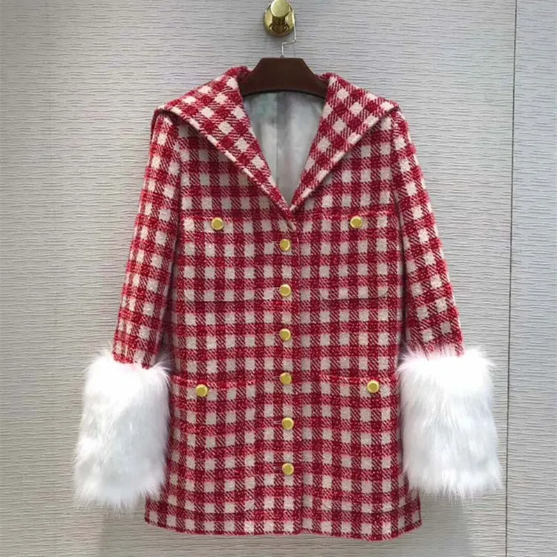 Plaid Модные женские брендовые новые высококачественные твидовый в клетку пальто осеннее элегантное женское пальто с матросским воротником A876 - Цвет: Plaid