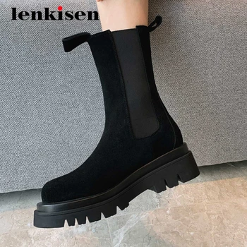 

Lenkisen cow suede winter shoes women deep mouth fashion round toe high square heel elastic band daily wear mid-calf boots L71