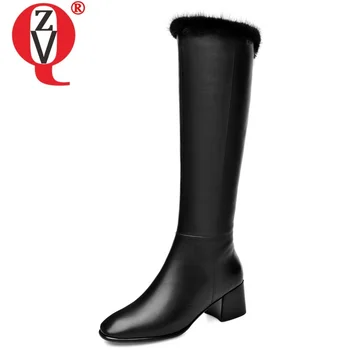 

ZVQ winter new fashion knee high boots outside high heels zip square toe genuine leather women shoes drop shipping size 33-41
