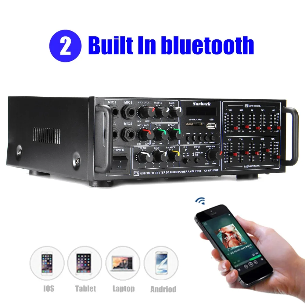 SUNBUCK 2000W Car/Home Audio Power Amplifier Bluetooth USB SD AMP FM DVD AUX with Remote Control Support 4 Way Microphone 325BT