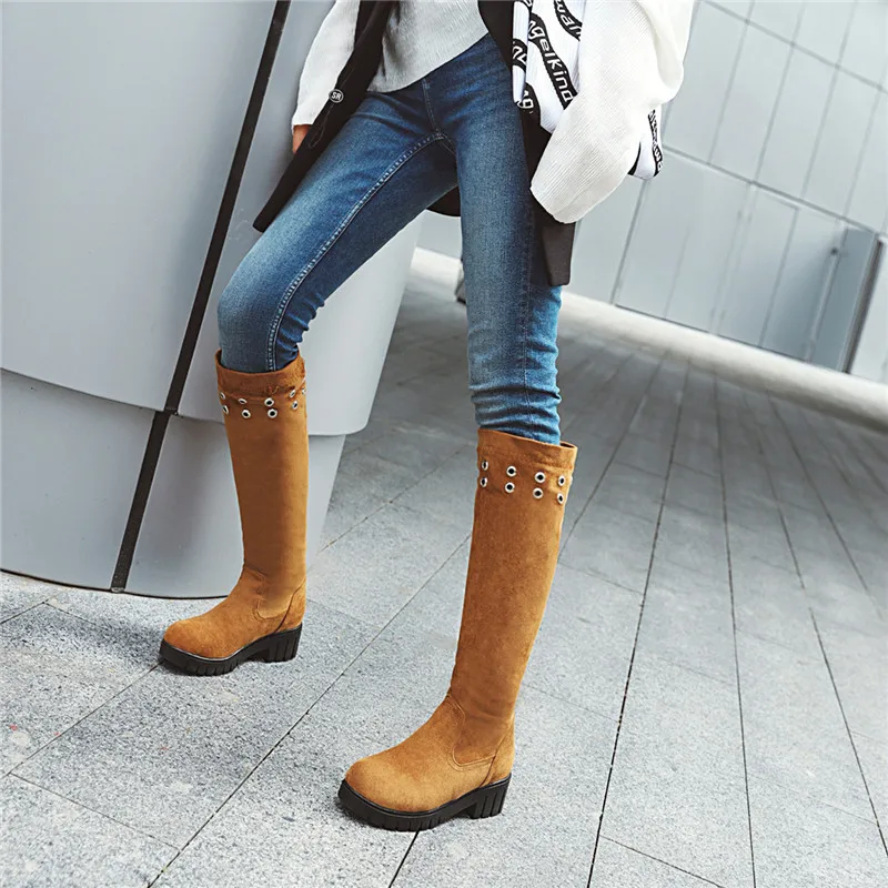 MEMUNIA new arrival knee high boots women rivet round toe square heels platform boots comfortable simple casual shoes woman