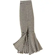 Плотная Клетчатая Шерстяная Юбка в мелкую клетку, Женская юбка с высокой талией, облегающая бедра Русалка, Офисная Женская юбка размера плюс