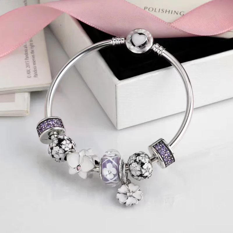 

high quality 1:1 100% 925 silver sterling white flower lock freight bracelet free