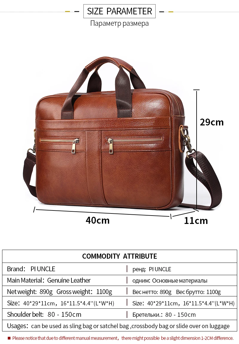 Genuine Cow Leather Men's Briefcase Bag For Work Business Handbags Shoulder Bags 14 Inch laptop Casual Cross body Large Capacity
