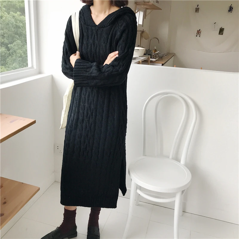 

2019 Over Size Sweater Dress Loose Thick Twisted Knitted Slit Dress Autumn and Winter Korean Style Women Long Dress