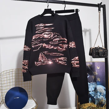 

Spring Autumn Female Set Rhinestone Sequin Black Knitted Sweater Long Pants Women Two Piece Set Outfits Loose Knitting Suit 2pc