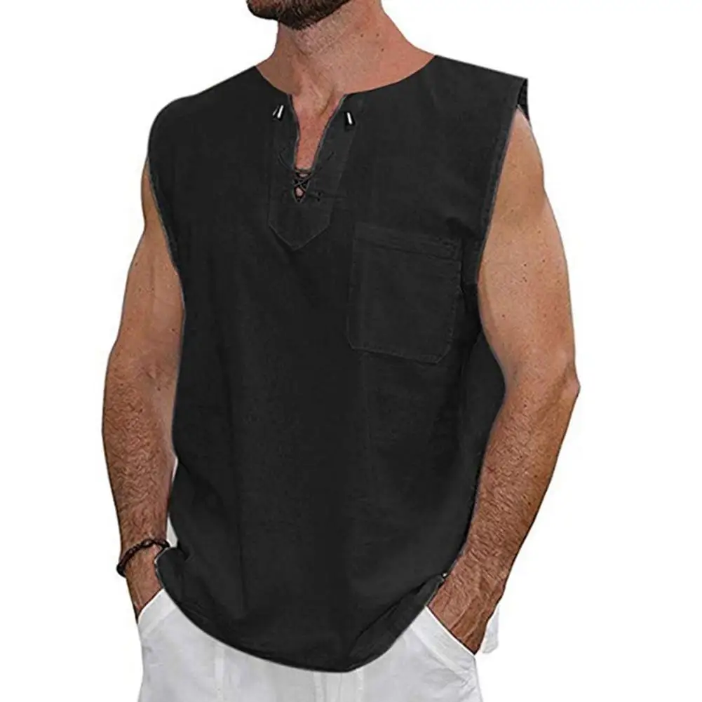 

Hippie Men Solid Color Cotton Linen Drawstring V Neck Sleeveless Shirt Tank Top