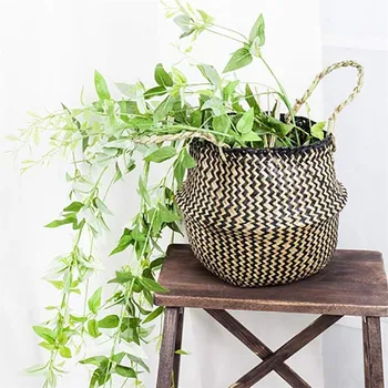 

Household Storage Foldable Natural Seagrass Woven Storage Basket Pot Garden Flower Vase Hanging Wicker Basket Bellied Baskets