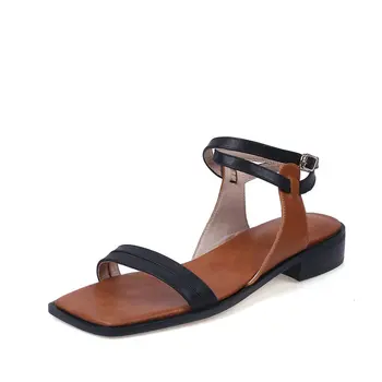 

Women Low Heels Sandals Summer Genuine Leather Sandals Casual Daily Shoes Woman Buckle Footwears Black