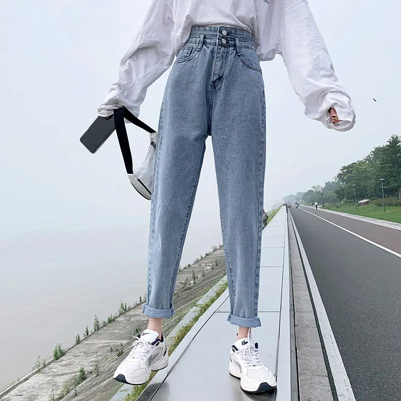 

Women Autumn Thin High Waisted Jeans Loose Wear Straight Leg Jeans Ladies Harem Pants Young Style Baggy Jeans Plus Size 5XL