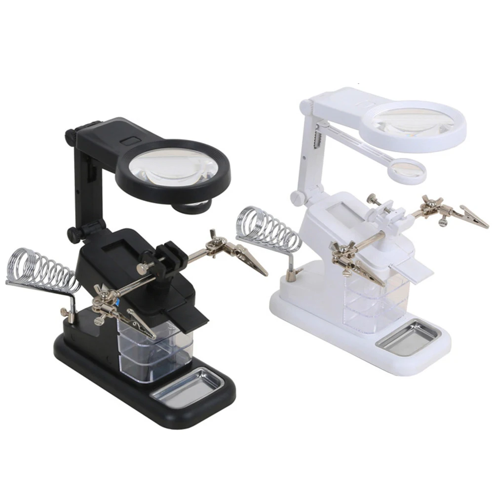 Soldering Iron Welding Magnifying Glass 2 LED 3X 4.5X 25X Helping Hand Rework Magnifier with 3 Tools Boxes Desk Station Repair