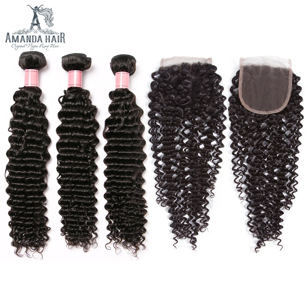 

Amanda M Remy Mongolian Kinky Curly Hair Weave Bundles with Closure 4x4 Natural Color 150% Density Free/Middle Part Human Hair