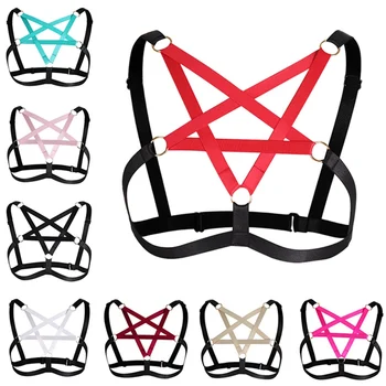 

Body Harness Bra Multicolor Pentagram Hollow Out Body Cross Cage Bra Cupless Adjust Size Sexy Lingerie Fetish Gothic Party Rave