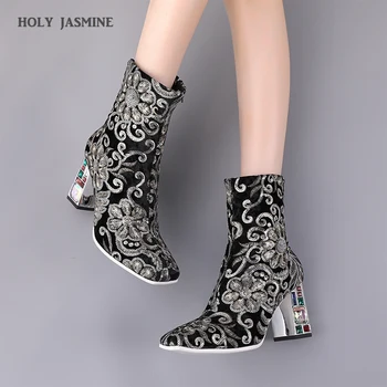 

Spring/Autumn Flower Pattern Ankle Boots Square Toe Womens Shoes Women's Boots Zipper Microfiber Super High(8cm-up)
