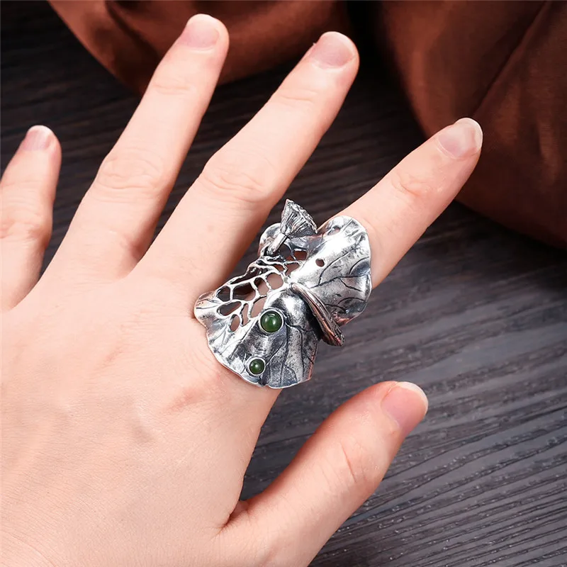V. YA большой лист лотоса 990 Стерлинговое серебро кольцо для женщин мужчин старинный зеленый камень вечерние кольца ювелирные изделия аксессуары