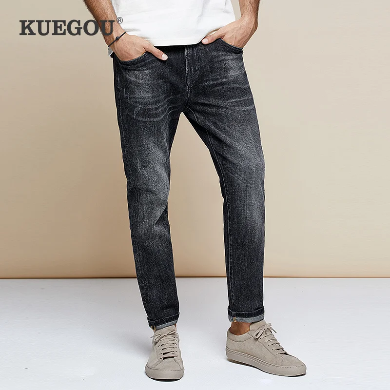 

KUEGOU 2019 Autumn Cotton Black Distressed Skinny Jeans Men Streetwear Brand Slim Fit Denim Pants For Male Stretch Trousers 1785
