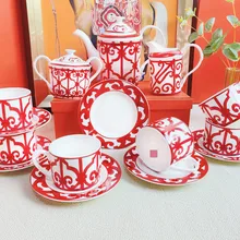

Spanish Red Grid Coffee Set Bone China High-End European Teacup Saucer Afternoon Teapot Kit Teapots Cups Home Decoration Coffee