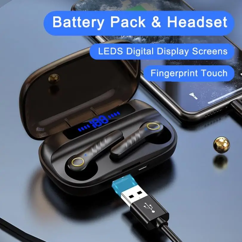 LUSTR T14 Mini Bluetooth Wireless Earphones 1500mAh Touch Control Type C Handset with Charging Box Sport Earbuds for All Phone