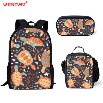 

WHEREISART Children's Book Bags 3Pcs/Sets Turtle Printed School Bag for Girls Boys School Cute Cartoon Pattern Students Backpack