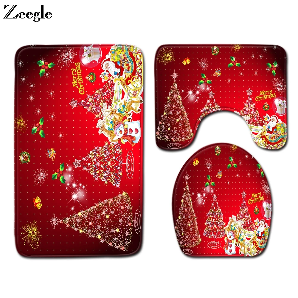 Zeegle Christmas Bath Mat Set Anti Slip Bathroom Doormat Shower Mat Absorbent Toilet Pedestal Rug Foot Mat Soft 3pcs Toilet Set
