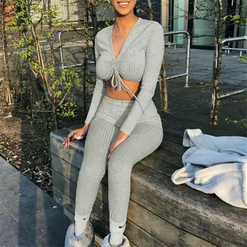 

Autumn Women Knit Lace up V Neck Short Tops Lounge Wear Suit Ladies 2pcs Tracksuit Set Casual Long Pants