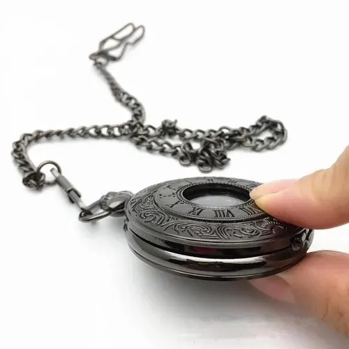 Черный Pocketwatch винтажные шармунисекс модные римские цифры Кварцевые в стиле стимпанк женские карманные часы мужское ожерелье с подвеской с цепочкой