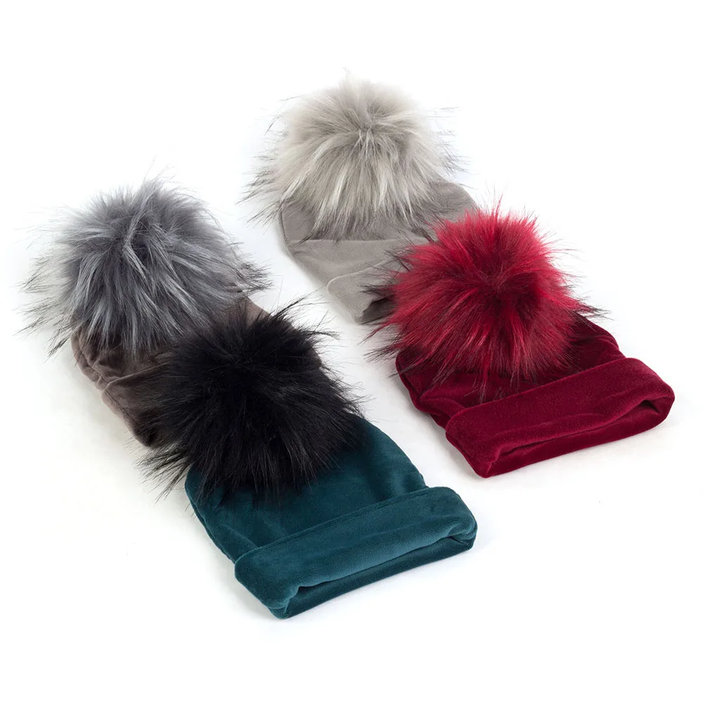 Geebro Newborn Baby Velvet Soft Thicken Beanies With Pom Pom Faux Fur Hairball Toddler Winter Warm Ear Hats Solid Color DK944