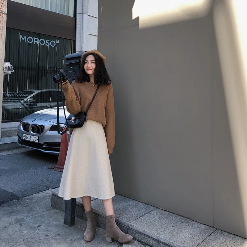 

Woolen Skirt Women's Autumn And Winter Korean-style Elegant Slimming Mid-length A- line Skirt Woolen Cloth Big Hemline Full Skir