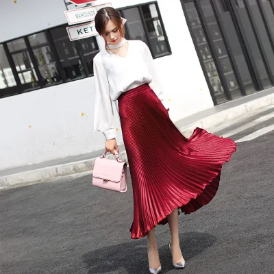 wine red(long 80cm) Летняя модная винтажная Серебристая золотая металлическая однотонная Расклешенная юбка макси с высокой талией, пляжные длинные плиссированные юбки для женщин - Цвет: wine red(long 80cm)