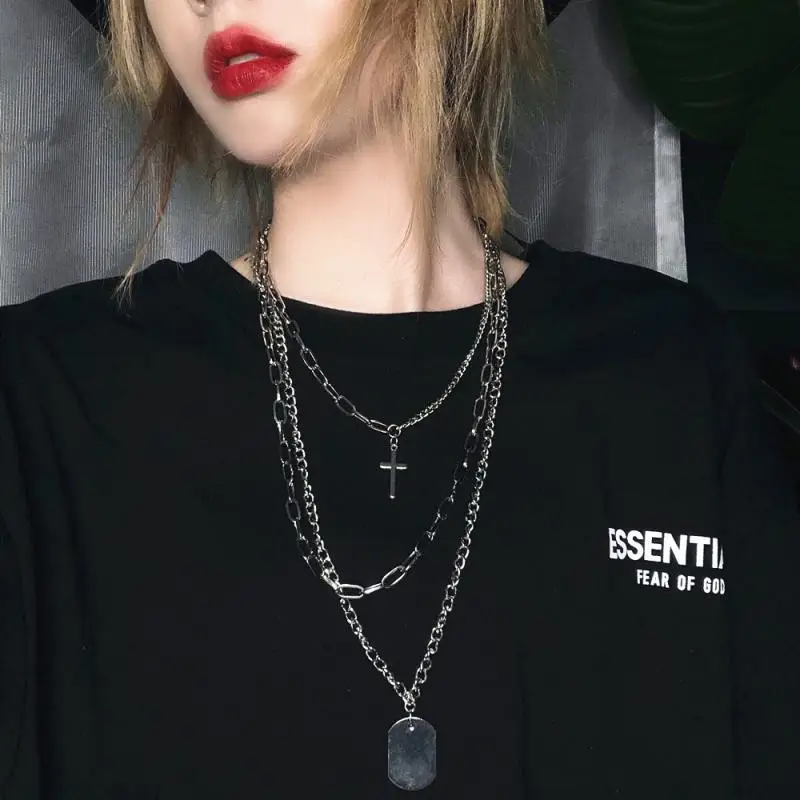 

Europe And America Japanese Korean Cool Street Hip Hop Disco Dancing Multistory Necklace Cross Tag Cool Earth Sweater Chain Onli