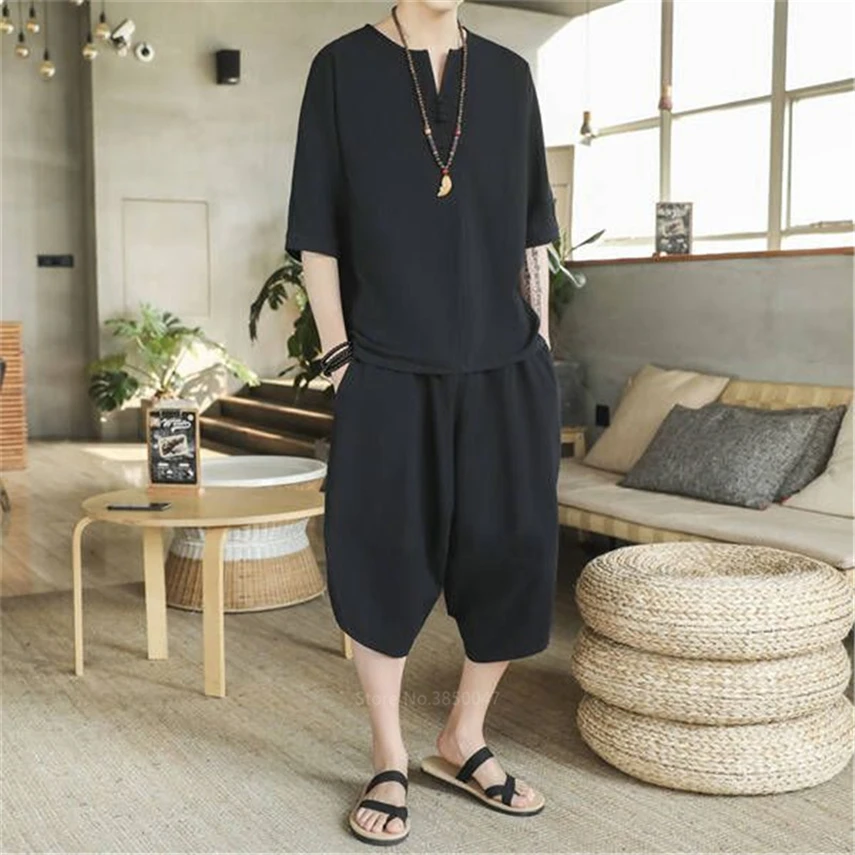 Traditional Chinese Style Summer Men Linen Tang Suit Short Sleeve T-shirt+Pant Clothing Set Oriental Kung Fu Costumes