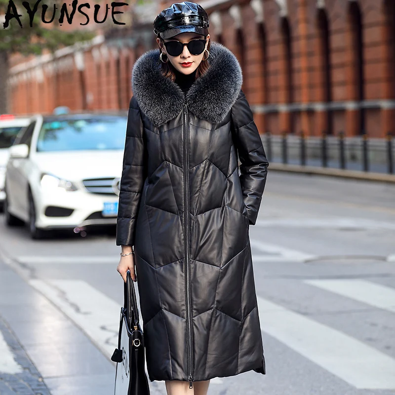 

AYUNSUE Genuine Leather Jacket Women Long Winter Sheepskin Coat Hooded Women's Down Jackets Korean Fox Fur Collar MFF1901 KJ3690