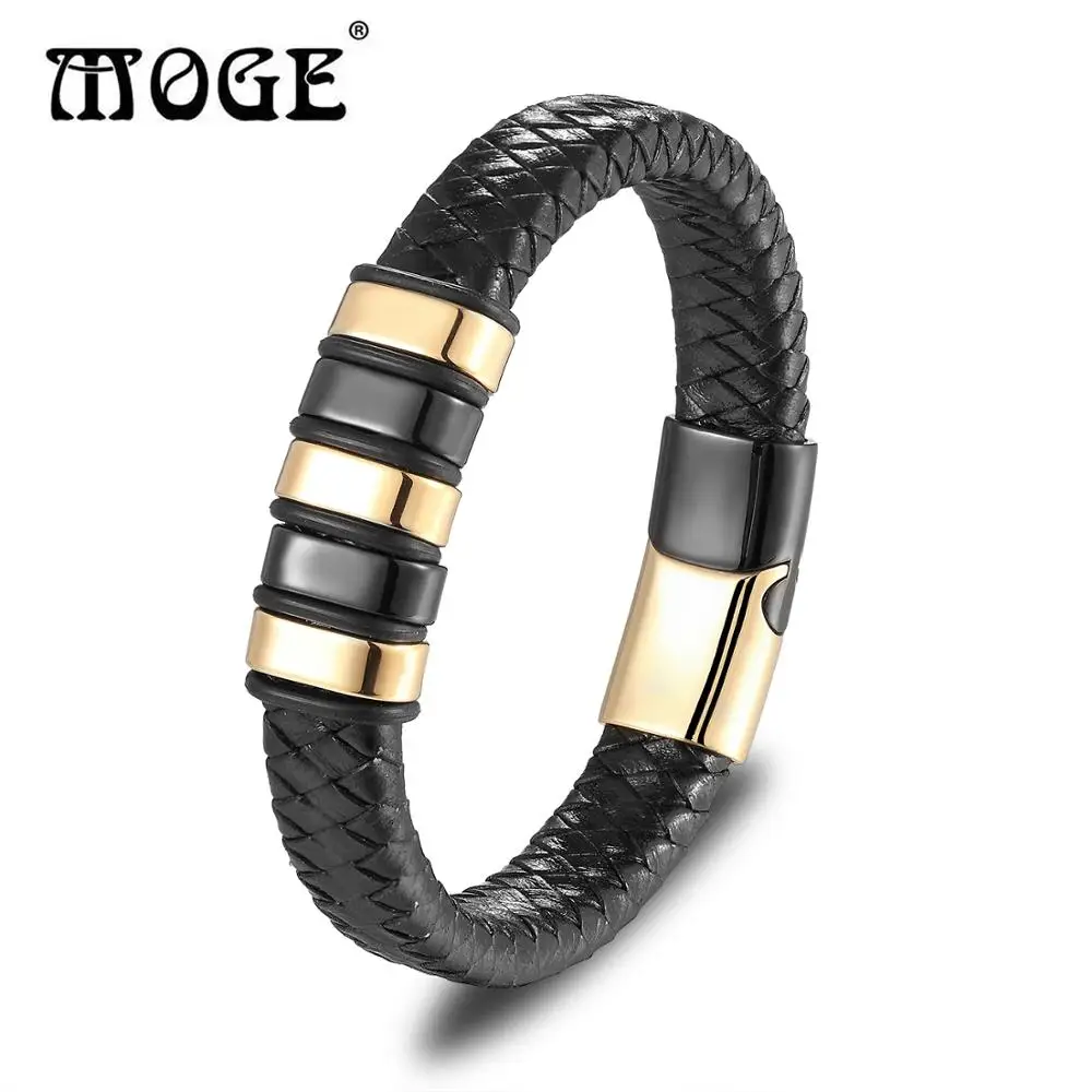 

MOGE Trendy Men Genuine Leather Bracelets Cool Stainless Steel Magnetic Clasp Rope Bangles Fashion Punk Male Bracelets Jewelry