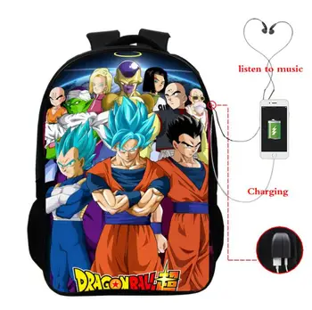 

Dragon Ball Super Backpacks Multifunction USB Charge Headphone Jack Laptop Backpack Teens Super Saiyan Goku Vegeta School Bags