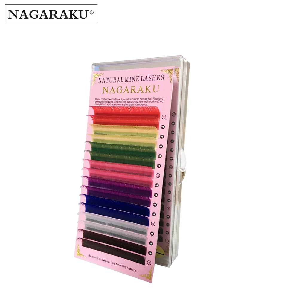 NAGARAKU-extensiones de pestañas, 16 filas/bandeja, 8 colores, arco iris de color, extensión de pestañas de color, extensión de pestaña colorida