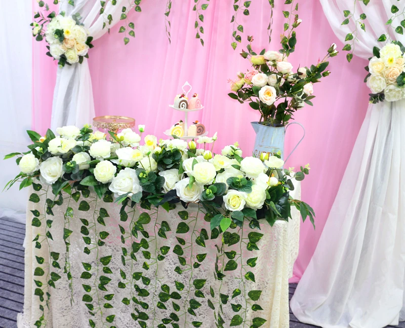 JAROWN Artificial Fake Flower White Rose Turtle Leaf Trailing Green Plant Flower Row Wedding Arch Decoration Home Party Decor Flores (4)