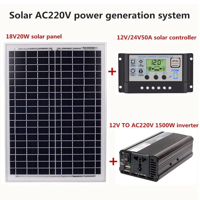 

18V20W Solar Panel +12V / 24V Controller + 1500W Inverter Ac220V Kit, Suitable For Outdoor And Home Ac220V Solar Energy-Saving P