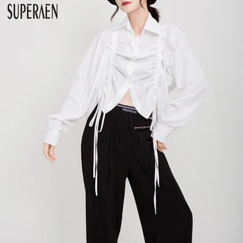 

SuperAen 2019 Autumn New Fashion Women Shirts Wild Cotton Drawstring Long-sleeved Blouses and Tops Female Casual Women Clothing
