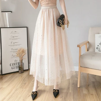 

Sequins Elastic Waist Mesh Tulle Skirts Womens Summer Skirt Chic Tutu Female Jupe 2020 A-line Skirts Loose High Waist Skirt