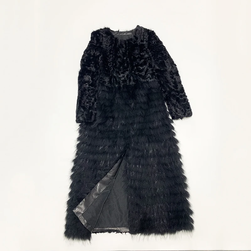 Rf2052 Новое поступление 120 см уличное пальто с натуральным мехом супер модное пальто из меха ягненка с мехом енота женское тонкое длинное меховое платье