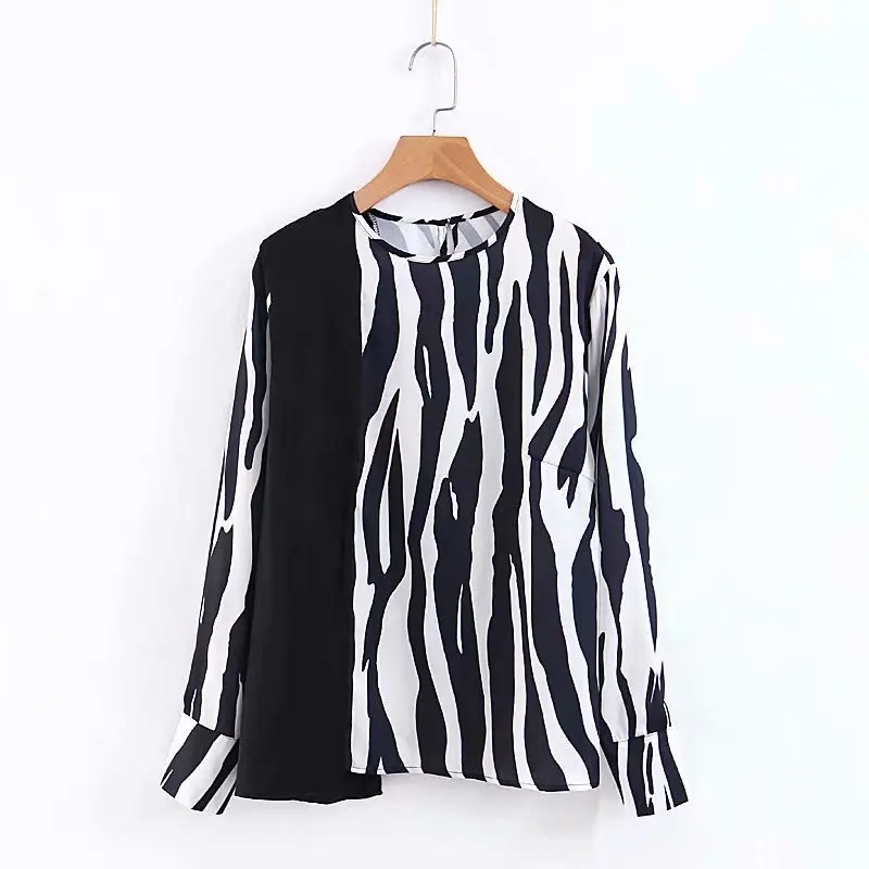 New 2020 women vintage irregular striped print casual blouse chic o neck long sleeve shirts business chemise tops LS6191 | Женская