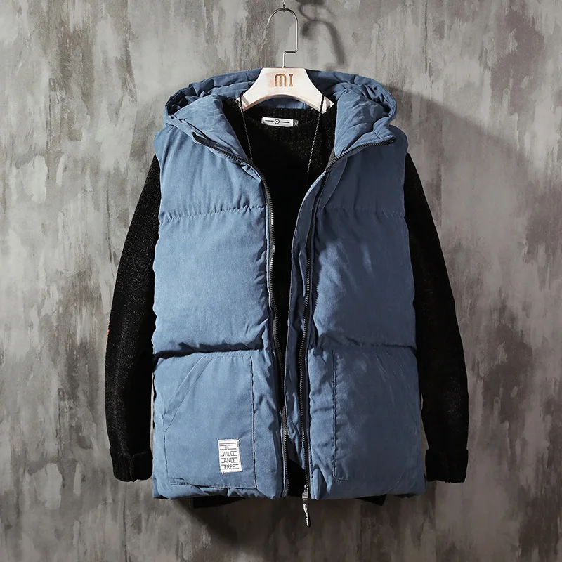 Зимняя мужская жилетка без рукавов с капюшоном, осенняя модная куртка в стиле хип-хоп, свободная верхняя одежда, японское повседневное пальто - Цвет: Blue