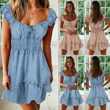 

MINI Dresses Women Summer Boho Square Collar Butterfly Sleeve Dots Elasticity Short Dress Party Beach Dresses Sundress
