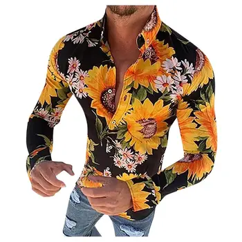 

2019 Men's Hawaiian Shirt Summer Floral Print Beach Long Sleeve Casual Fit Slim Blouse Tops Holiday Shirts Tops Camisa Masculina