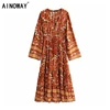 Vintage chic Women Floral print long sleeve tassel beach Bohemian dress Ladies deep V-neck Summer Boho maxi dress vestidos ► Photo 1/6